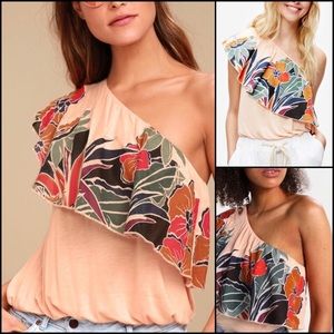 Free People Floral One Shoulder Bubble Blouse Top